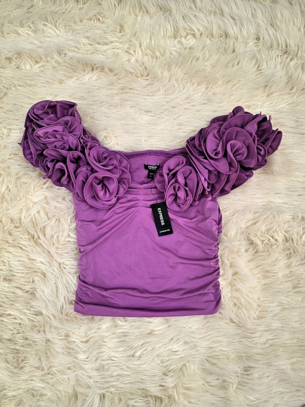 Express Body Contour Off The Shoulder Rosette Top Ruffle Shoulder Purple Small